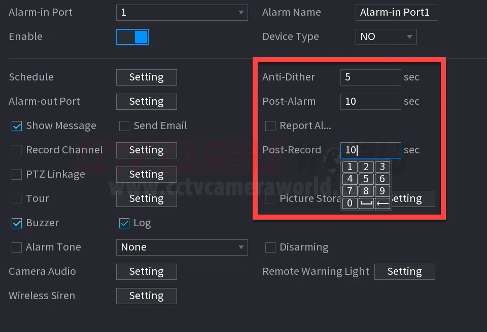 Adjust the time settings for fine control over the cooldown and recording time of your alarm input