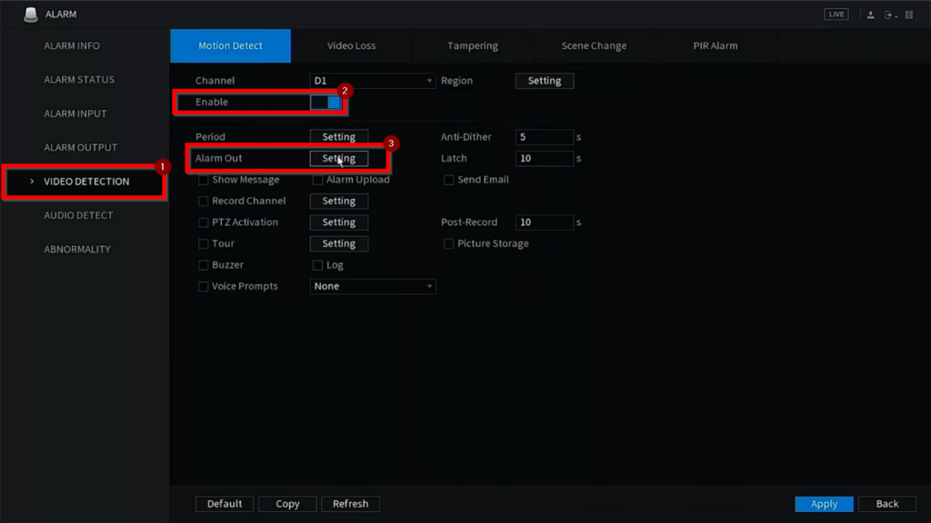 enabling alarm output on motion detection