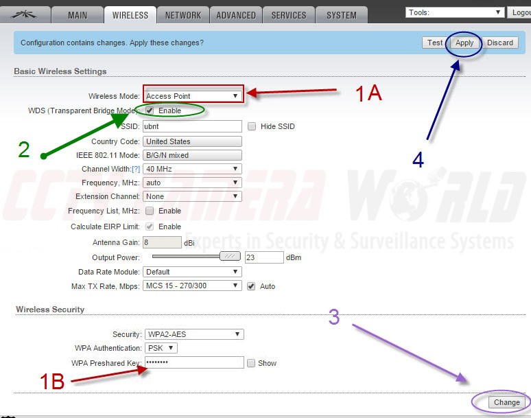 Ubiquiti Wireless Access Point Configuration Settings for radio set as PTP Access Point, with WiFi security enabled.