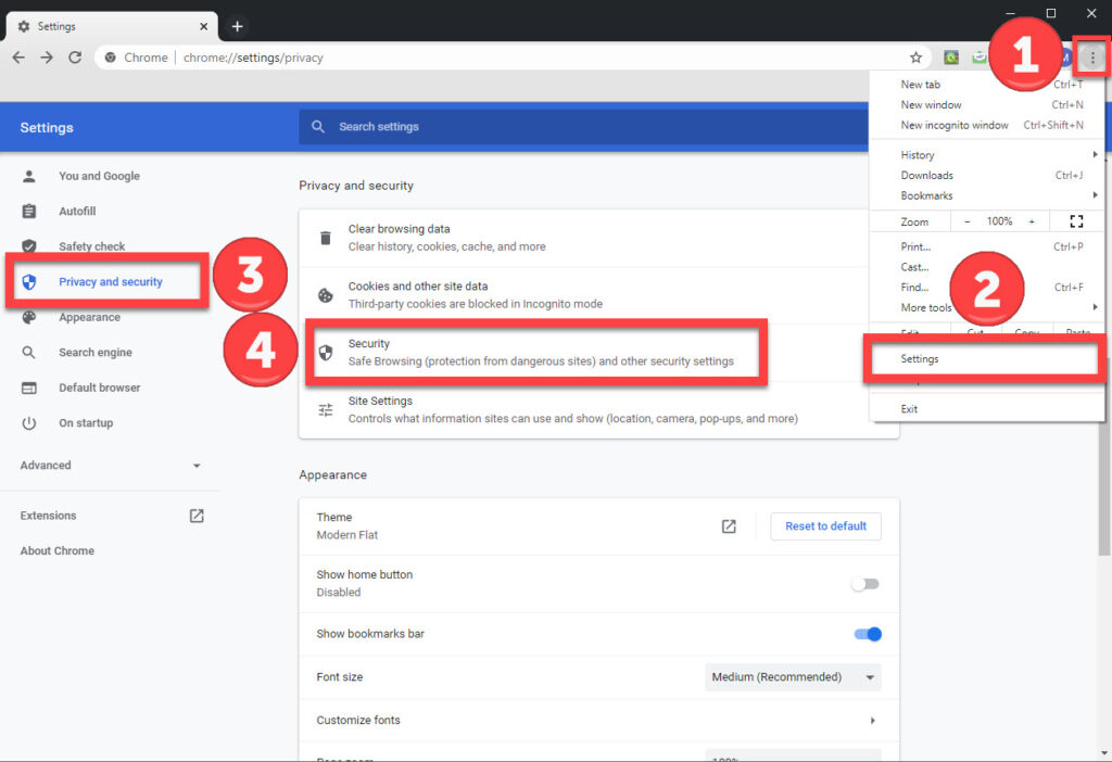 locate chrome security settings