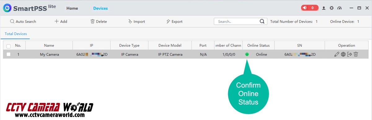 Confirm Camera is Online in SmartPSS Lite