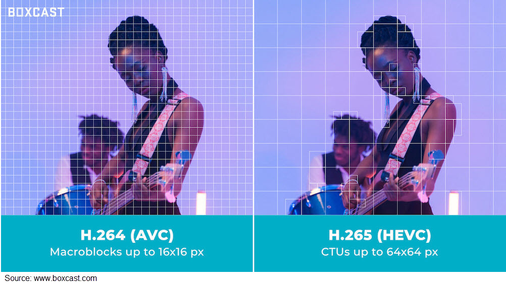 H.264 encodes in 16x16 macroblocks and H.265 encodes in coding tree units of various sizes