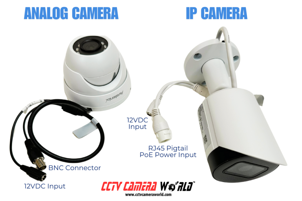 IP Security Camera vs Analog CCTV Camera showing camera pigtail connections