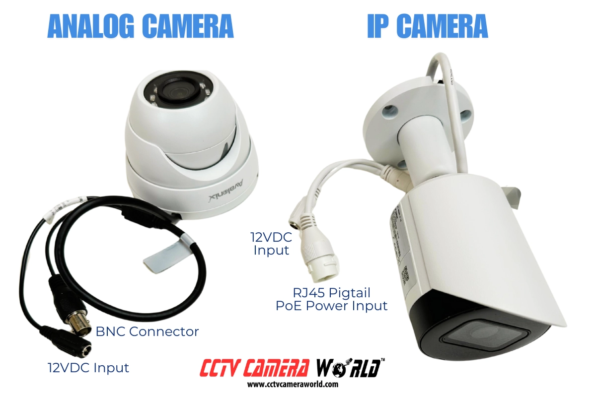 IP Security Camera vs Analog CCTV Camera showing camera pigtail connections