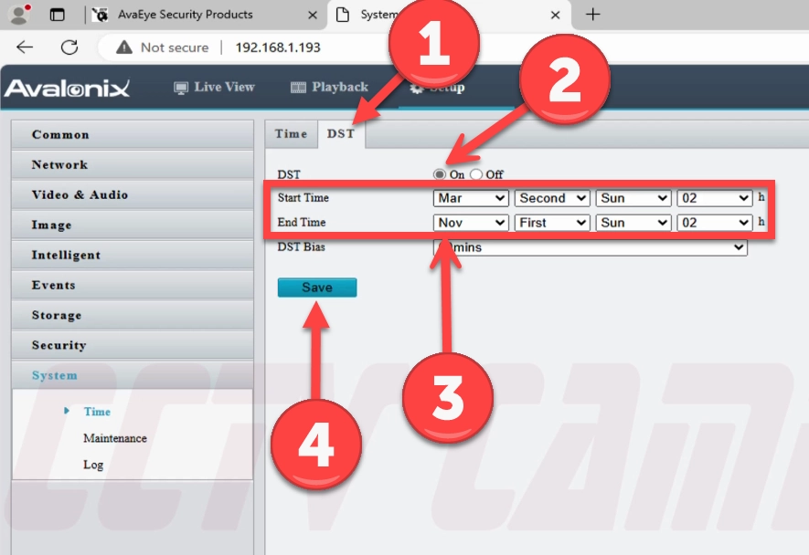 Set the daylight savings time in the DST tab of the System and Time menus