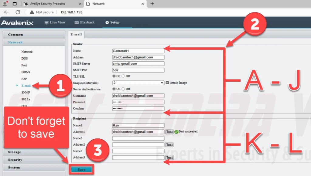 Enter in the email configuration settings in the Network and E-mail Setup page and send a test email