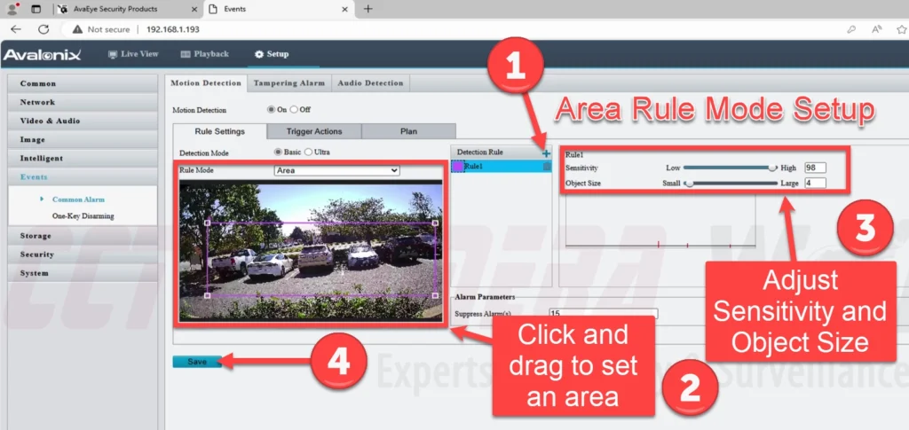 Visual guide on how to set up a motion detection area based rule