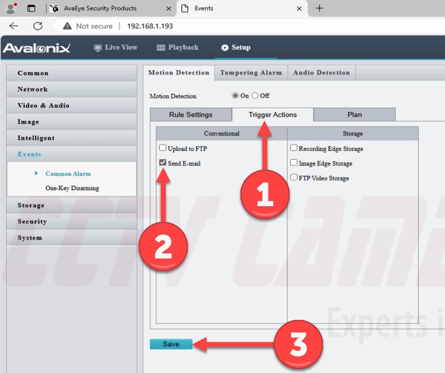 Enable the Send E-mail trigger action for the motion detection settings in an AvaEye camera