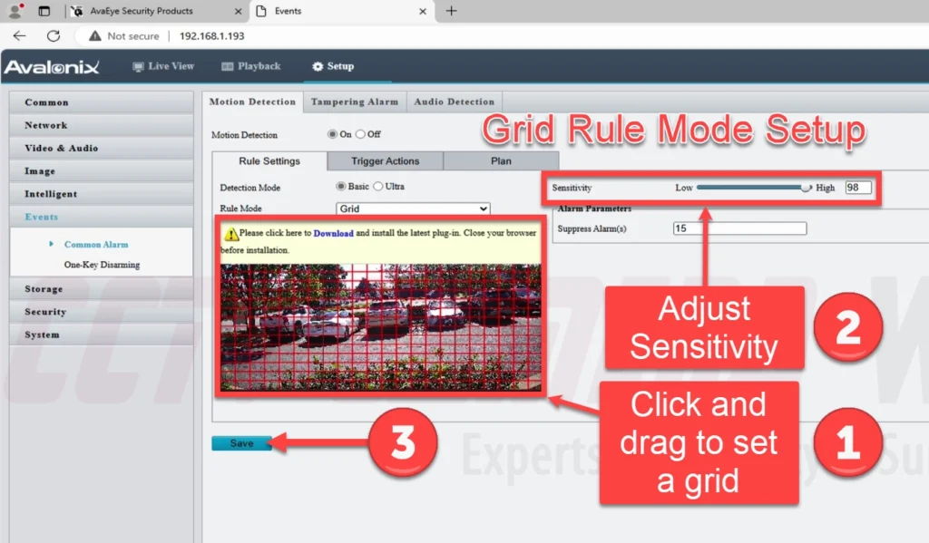 Visual guide on how to set up a motion detection grid based rule