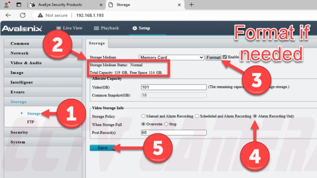 Confirm the SD card is present, format it if needed, and adjust settings as needed
