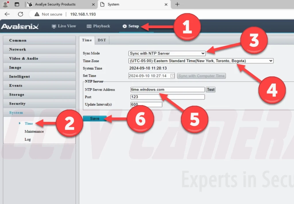 Set the time settings in your AvaEye camera by accessing the Setup page and System Time menus