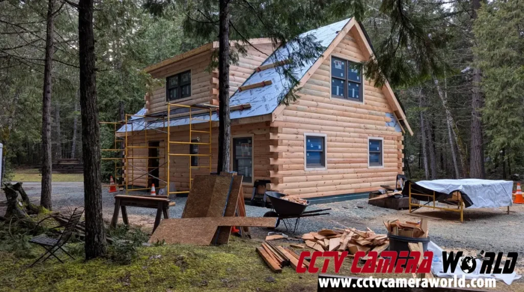 construction of a cabin in the woods waiting for security cameras to be installed
