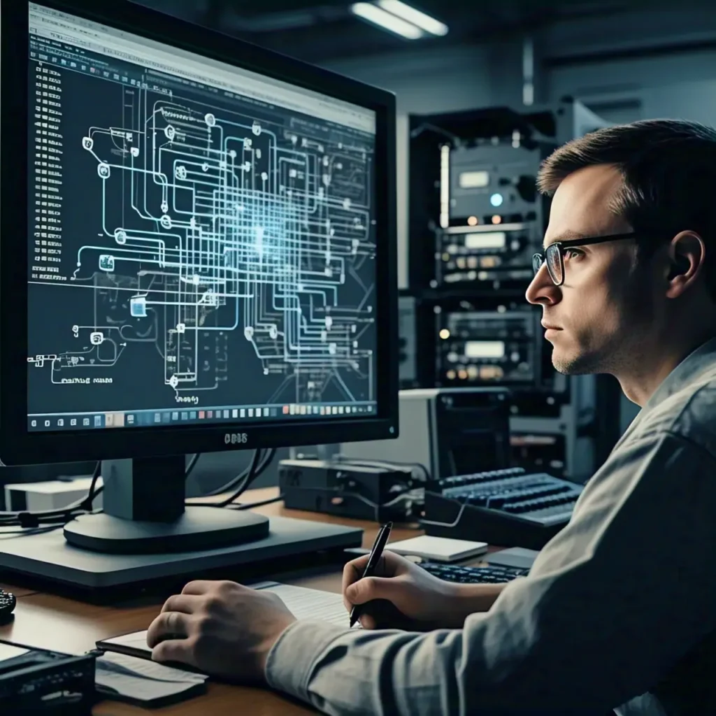 IP camera network security setup with operator in front of monitor
