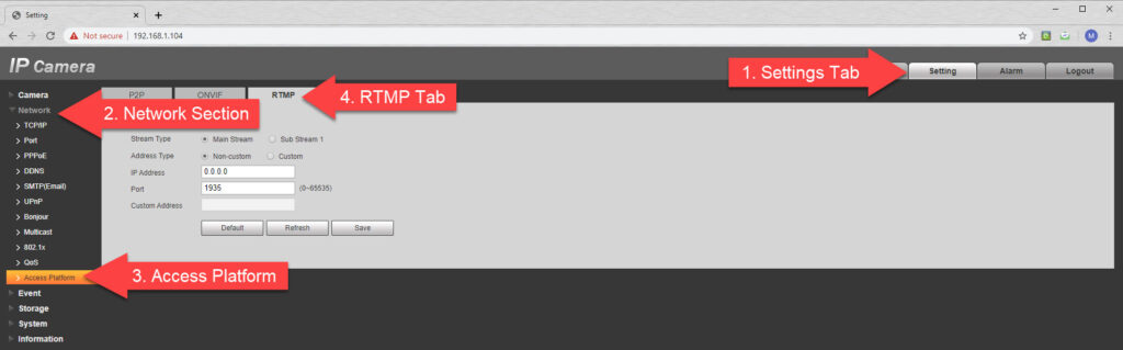 How to navigate to the RTMP settings