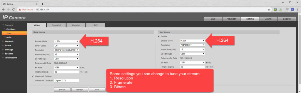 Set the encode mode to H.264