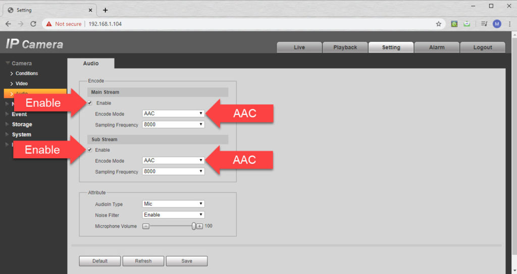 Set the audio codec to AAC