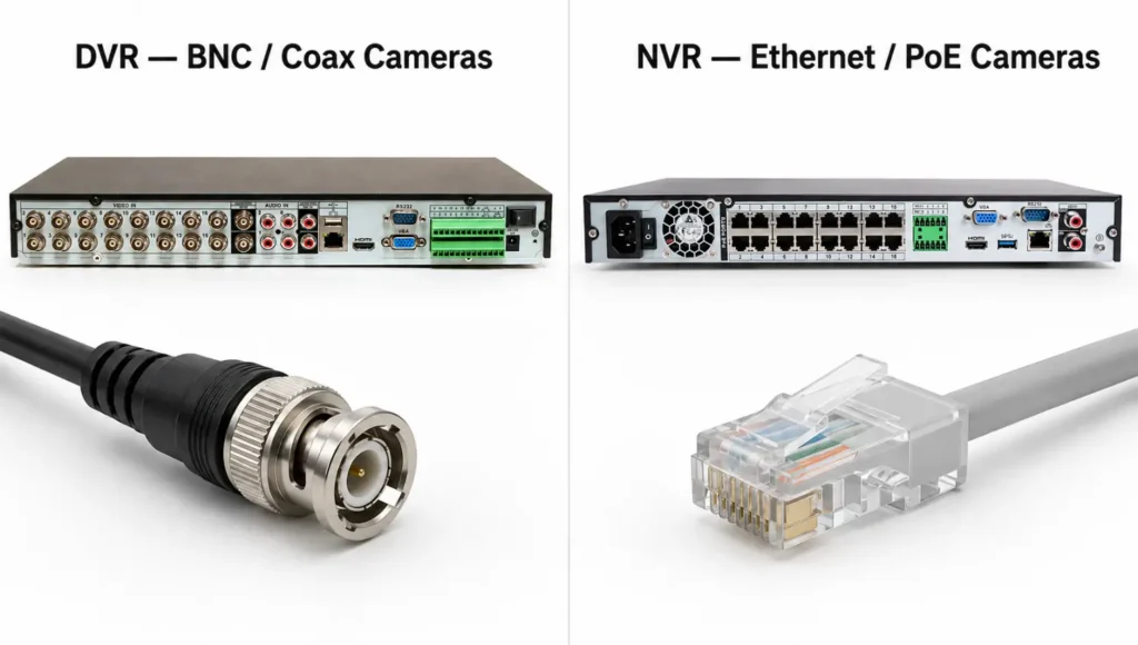 Difference between DVR and NVR security camera systems using BNC coax and RJ45 Ethernet camera connections