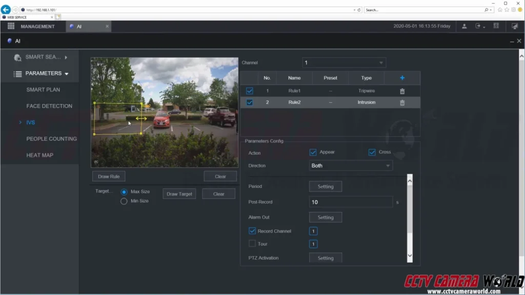 Example of AI smart detection Intrusion Rule available on an IP Security Camera