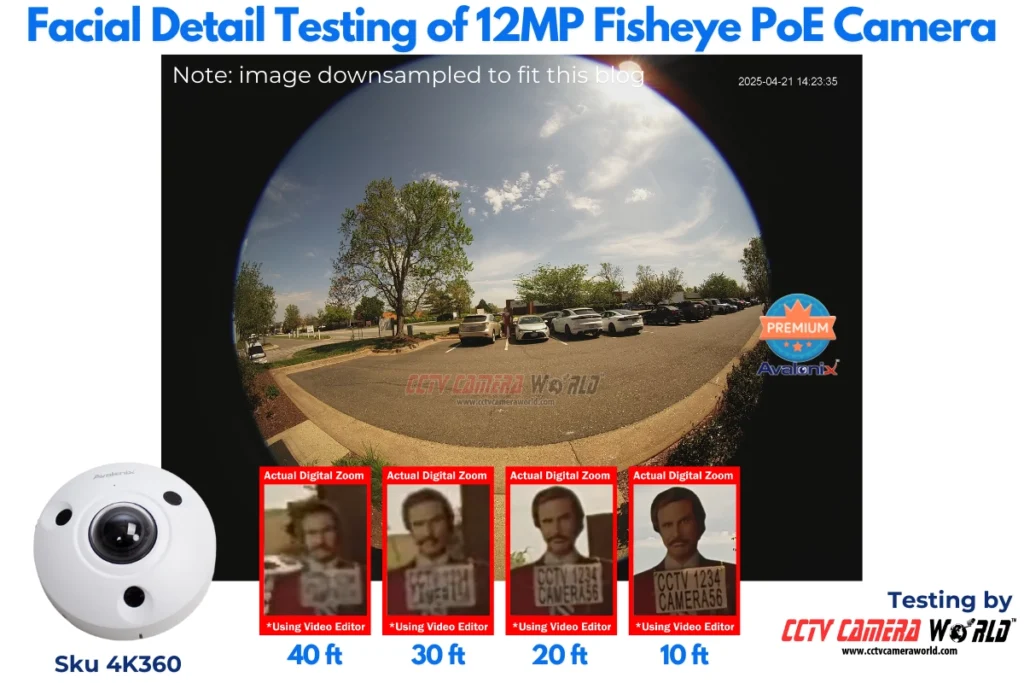 Facial Detail Testing of 4K 12MP Fisheye Security Camera by CCTV Camera World. Testing at 40, 30, 20, 10ft increments shown.