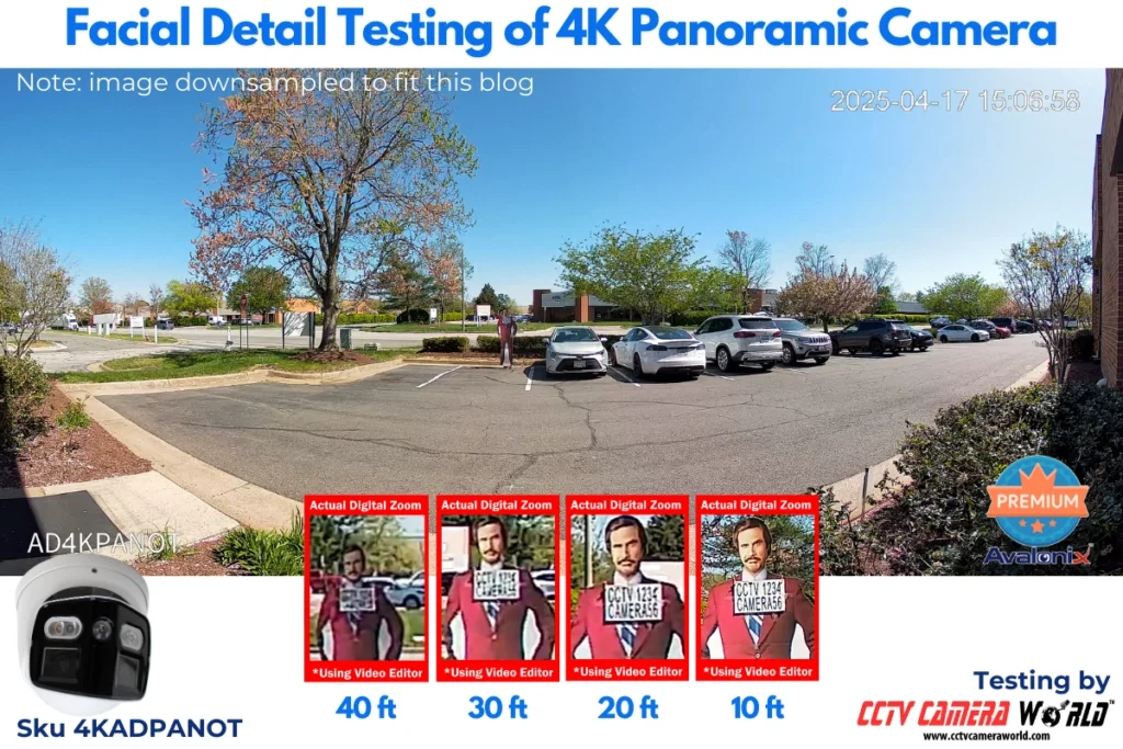 Facial Detail Testing of 4K Panoramic Camera by CCTV Camera World. Testing at 40, 30, 20, 10ft increments shown.