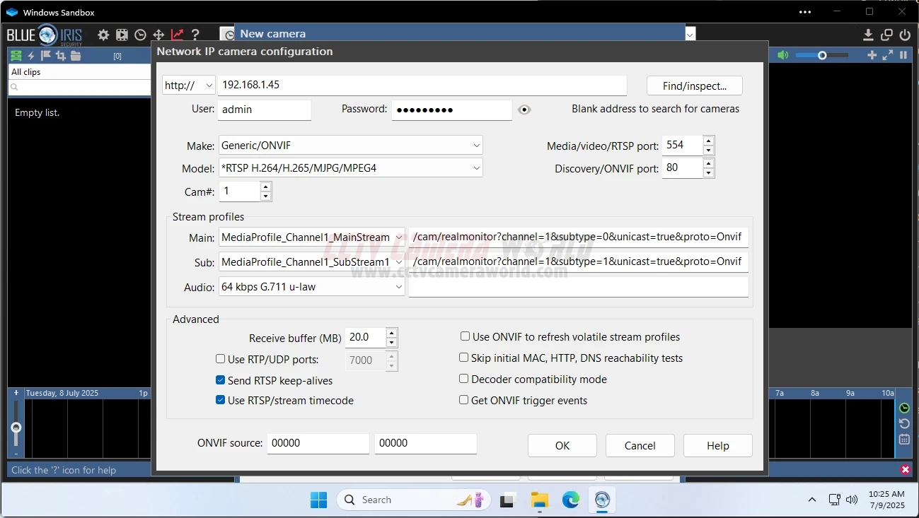 Type the IP address for the camera into the http field and click the find/inspect button to automatically fill the stream profiles