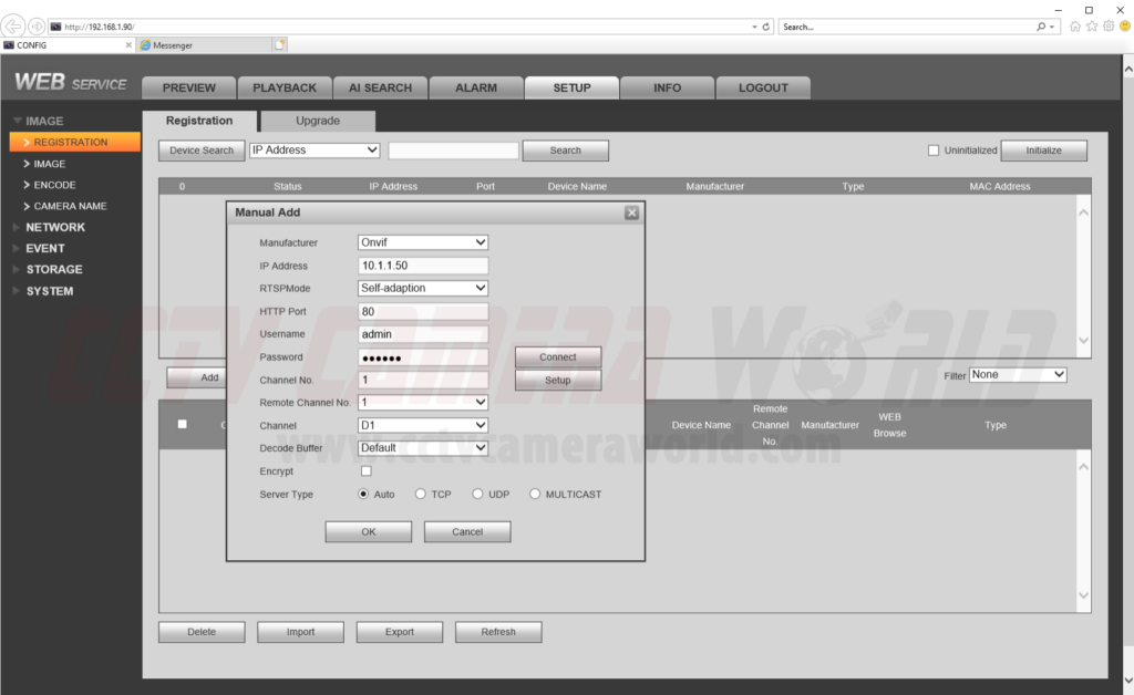 Using the manual add function to connect an ONVIF camera