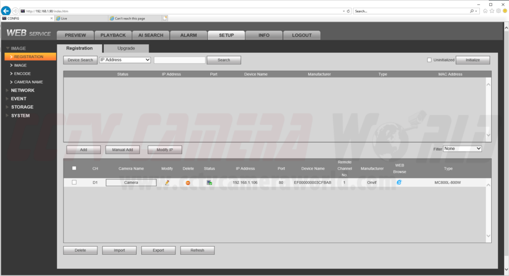 Succesfully added a camera over the network on the NVR registration screen
