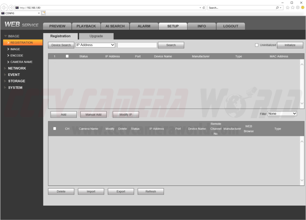 The camera registration screen on an NVR