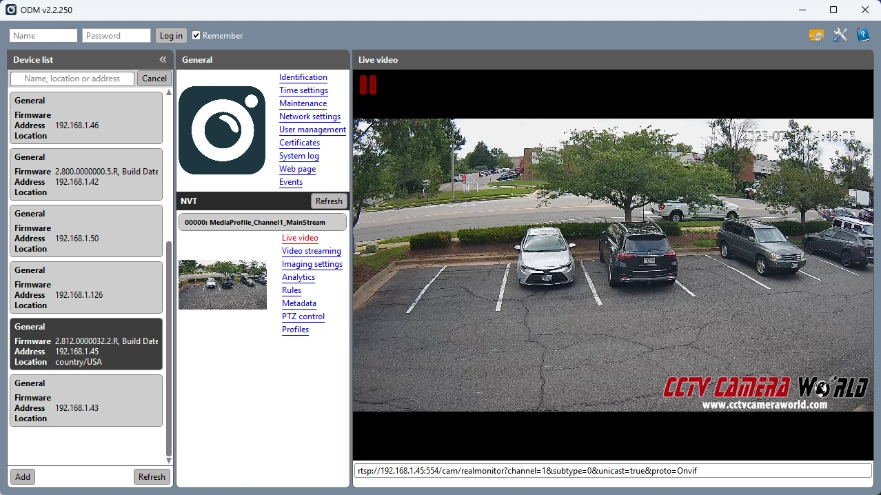 Screenshot taken from ONVIF Device Manager accessing an ONVIF camera