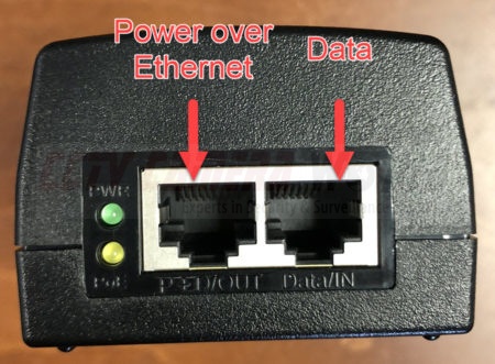 PoE Injector front view with one connector being PoE and the other being Data