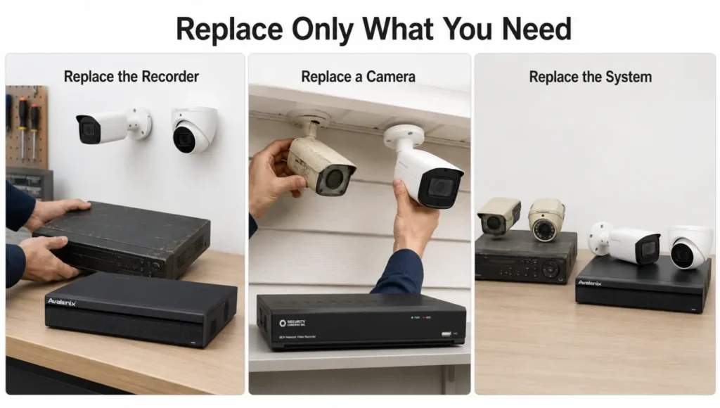Options to replace a failed security camera recorder individual camera or complete surveillance system