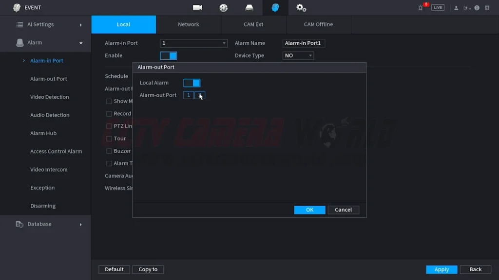 Enable the local alarm and alarm port settings you have the relay wired to