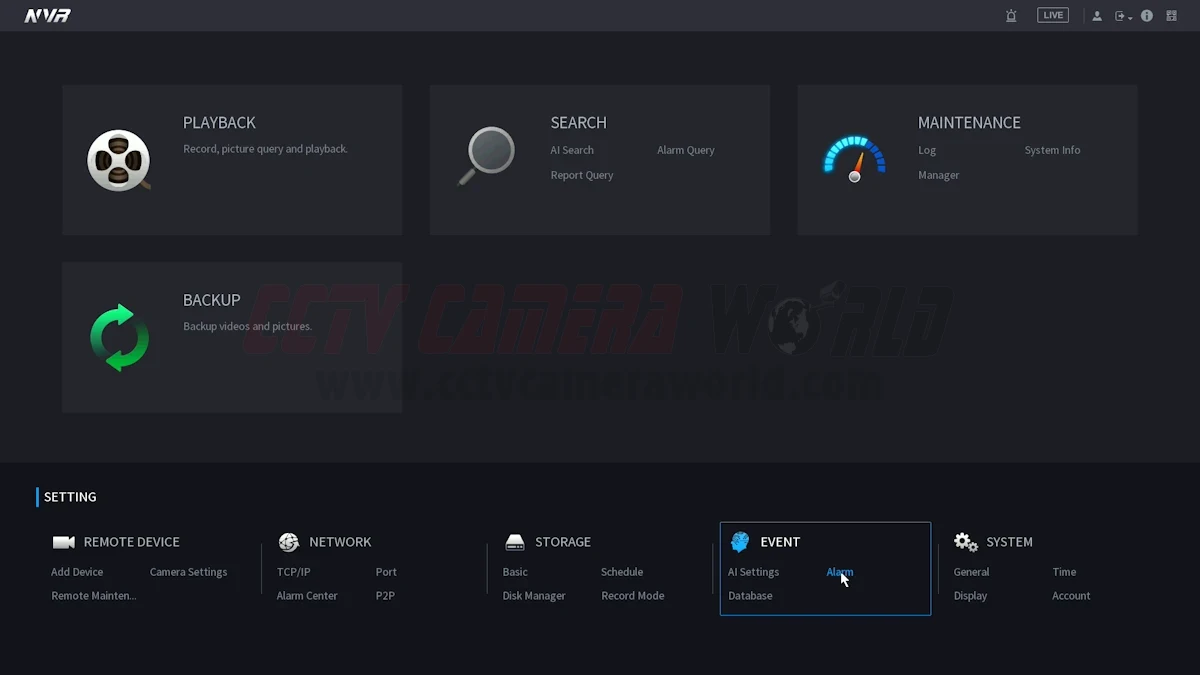 Access the alarm menu within the Event settings of your NVR