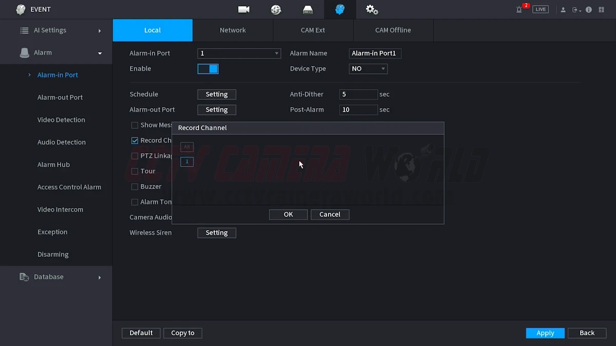 Select the channel you want to record when the alarm input is triggered