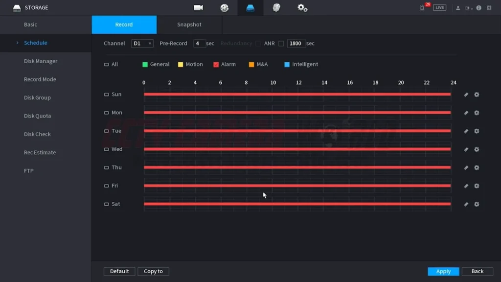Adjust the schedule in the Storage settings to alarm recording