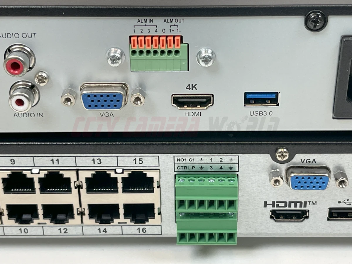 The two types of alarm inputs - push connectors or an alarm block