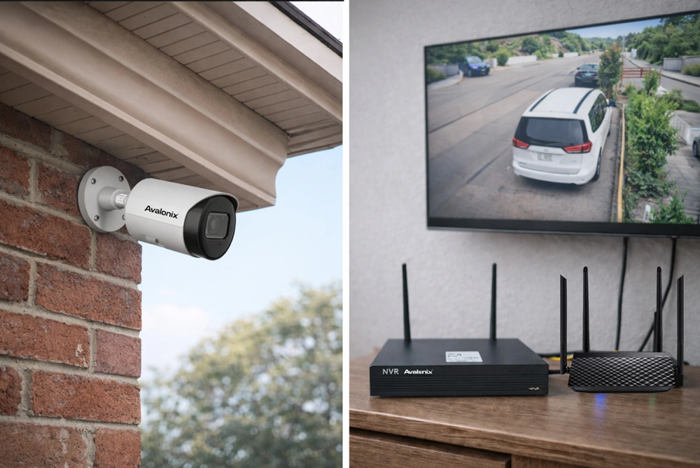 Wireless security camera mounted under soffit connected to NVR system showing live driveway view on monitor