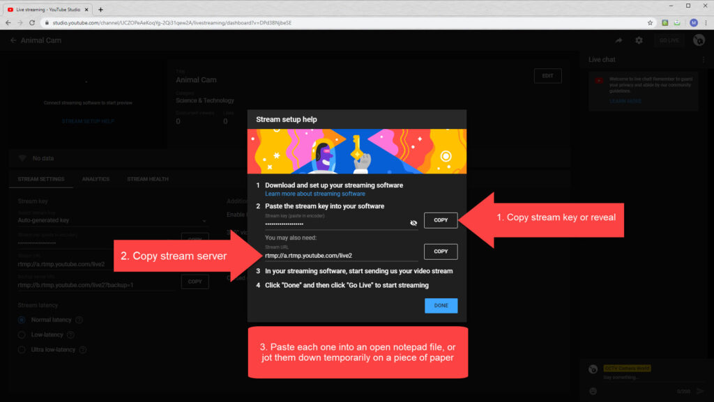 Copy your stream key and stream URL