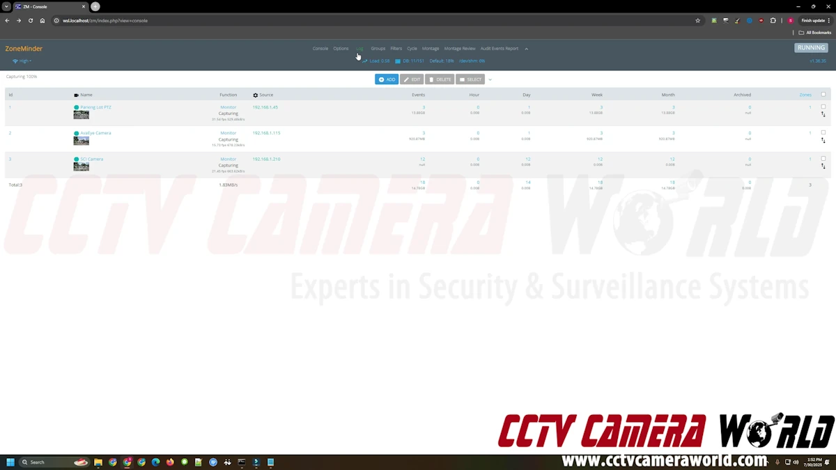 ZoneMinder console page with added cameras