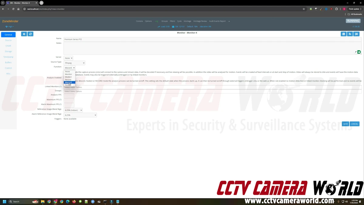 Adding a camera to ZoneMinder by naming it, choosing Ffmpeg for the Source Type, and choosing a Function