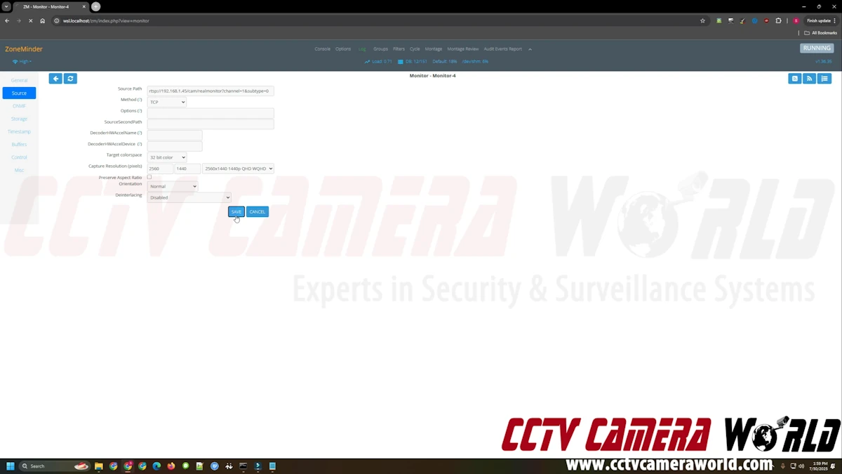 In the Source tab enter the RTSP URL for the camera and specify the Camera Resolution