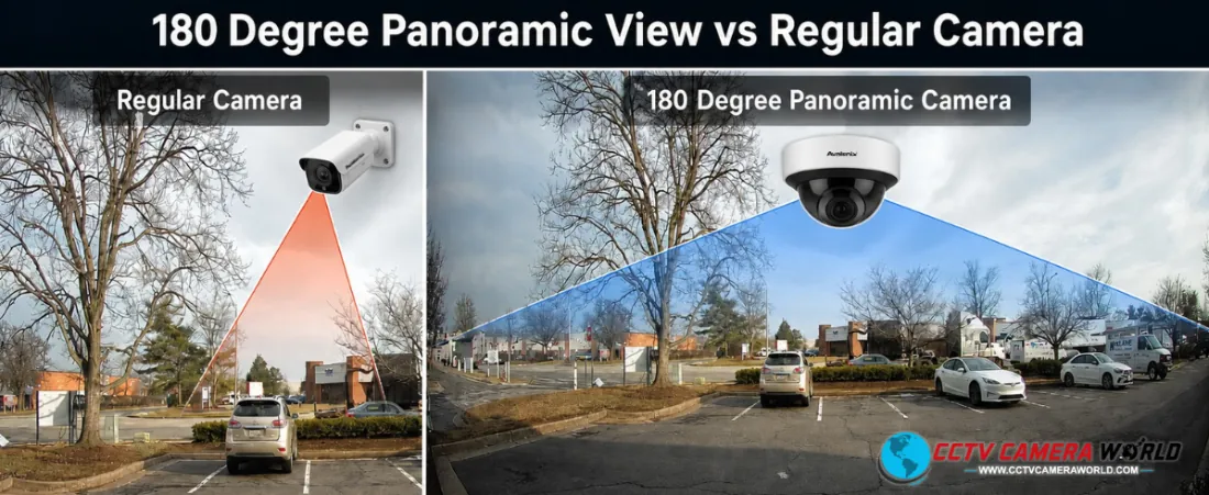 180 degree panoramic security camera view compared with a regular security camera showing wider parking lot coverage