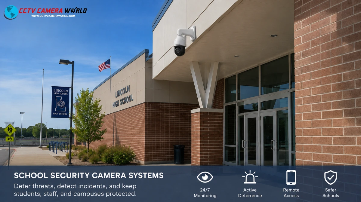 School security camera system with PTZ camera monitoring a high school entrance, drop-off area, and campus exterior